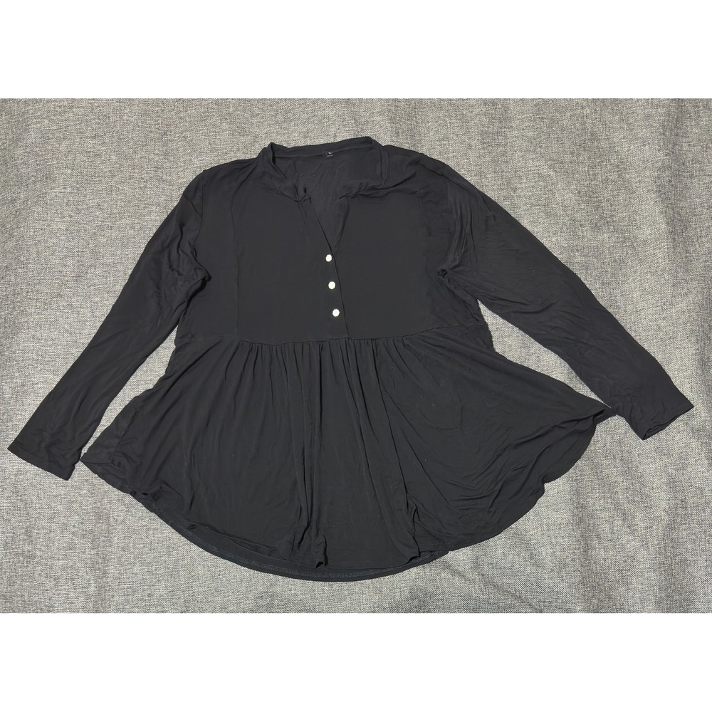 Unbranded Womens XL Tunic Top Long Sleeve Peplum Hem Black Henley V-Neck